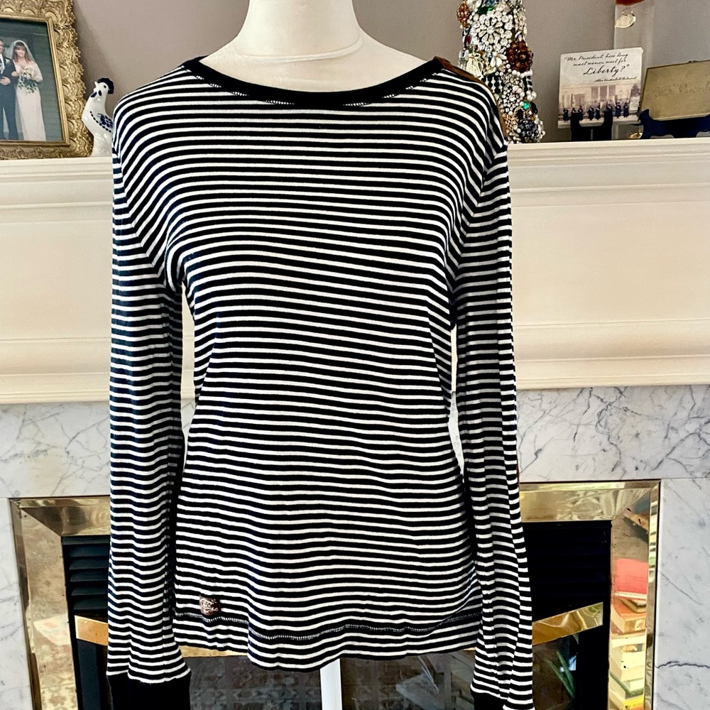 Ralph Lauren B&W Nautical Striped L/S w/ Suede elbow patches shoulder detail M
